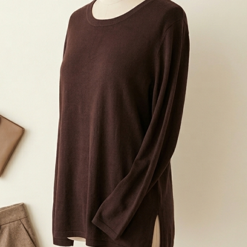 Loulou Studio Brown Rayon Blend Knit Top Long Sleeve Plus Size 1X